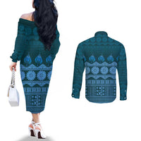 Bula Fiji Iri ni Meke Couples Matching Off The Shoulder Long Sleeve Dress and Long Sleeve Button Shirt Karakarawa Fijian Masi LT14 - Polynesian Pride