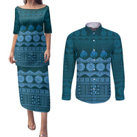 Bula Fiji Iri ni Meke Couples Matching Puletasi and Long Sleeve Button Shirt Karakarawa Fijian Masi LT14 Blue - Polynesian Pride