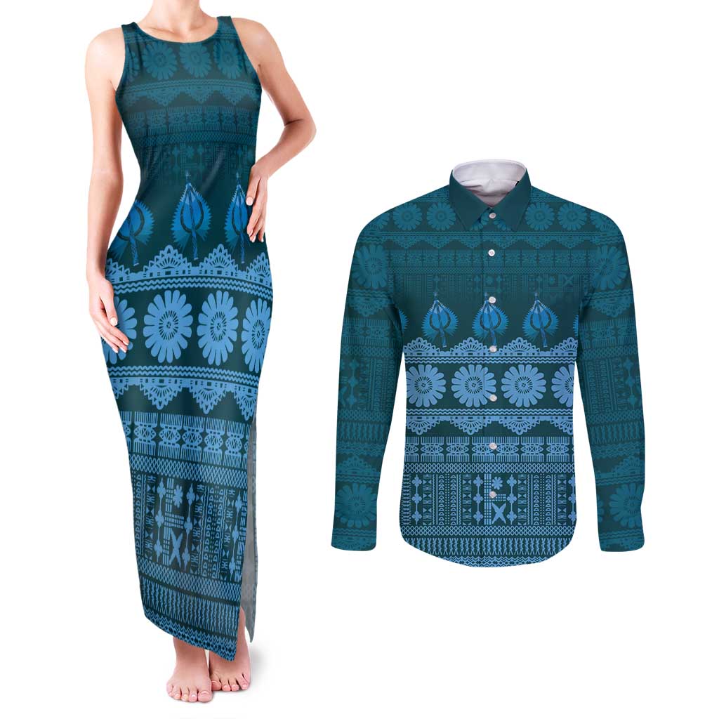 Bula Fiji Iri ni Meke Couples Matching Tank Maxi Dress and Long Sleeve Button Shirt Karakarawa Fijian Masi - Polynesian Pride