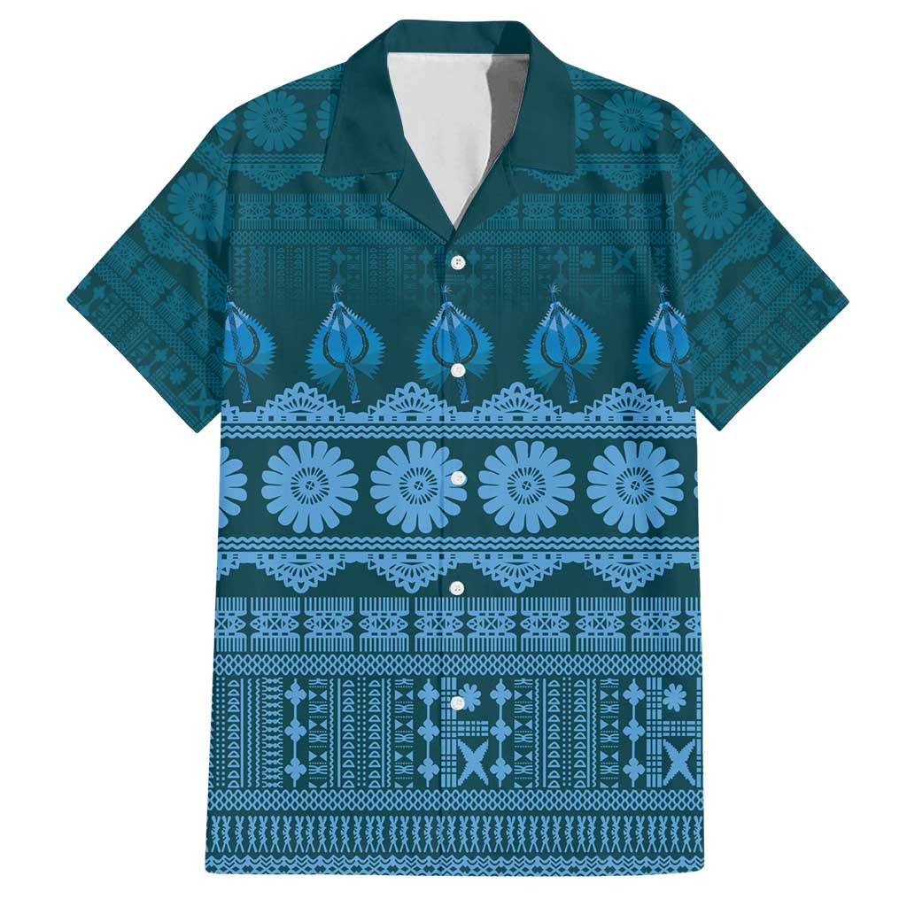 Bula Fiji Iri ni Meke Family Matching Long Sleeve Bodycon Dress and Hawaiian Shirt Karakarawa Fijian Masi LT14 Dad's Shirt - Short Sleeve Blue - Polynesian Pride