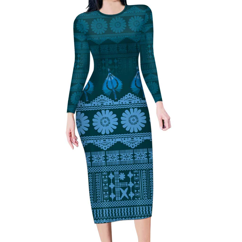 Bula Fiji Iri ni Meke Family Matching Long Sleeve Bodycon Dress and Hawaiian Shirt Karakarawa Fijian Masi LT14 Mom's Dress Blue - Polynesian Pride