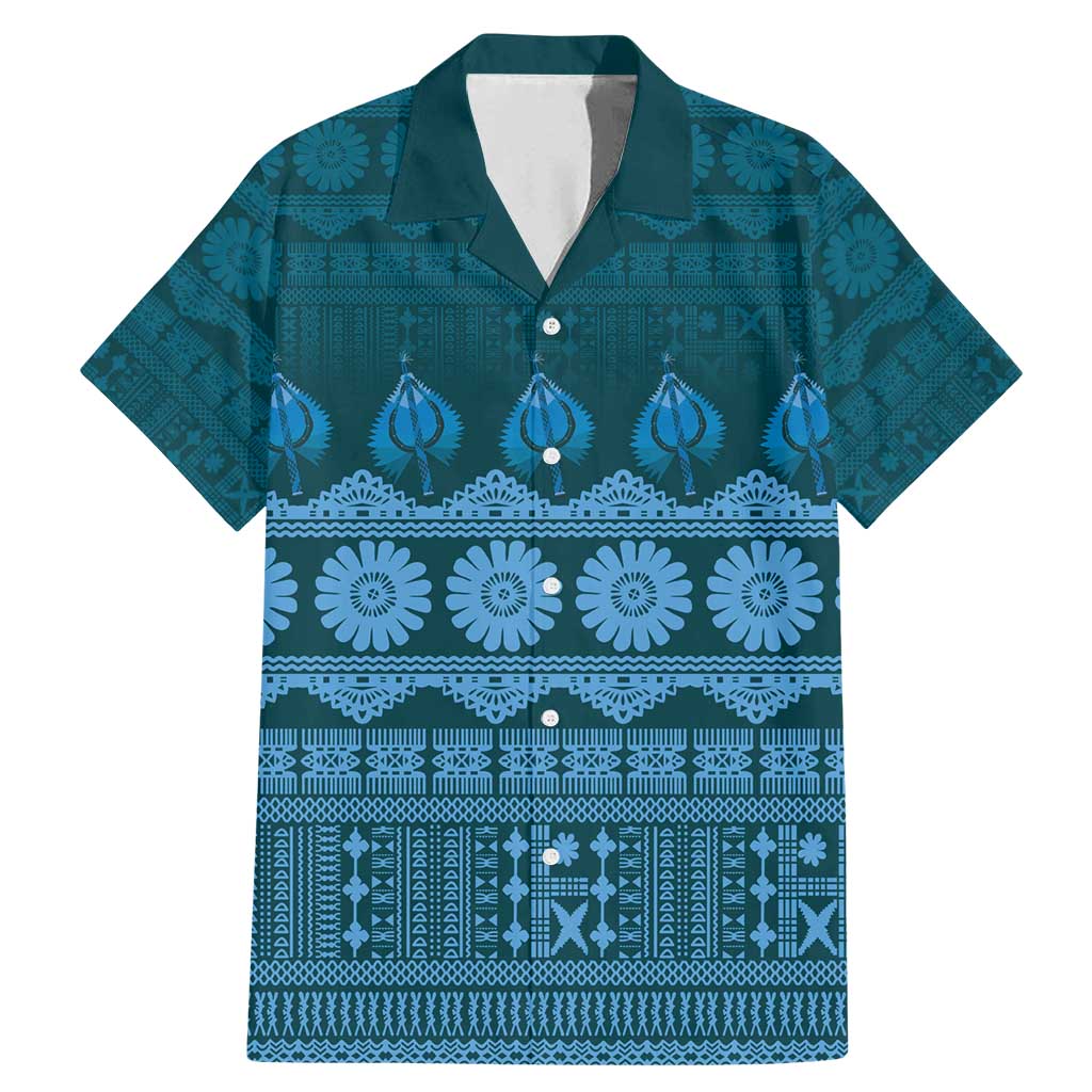 Bula Fiji Iri ni Meke Family Matching Mermaid Dress and Hawaiian Shirt Karakarawa Fijian Masi LT14 Dad's Shirt - Short Sleeve Blue - Polynesian Pride