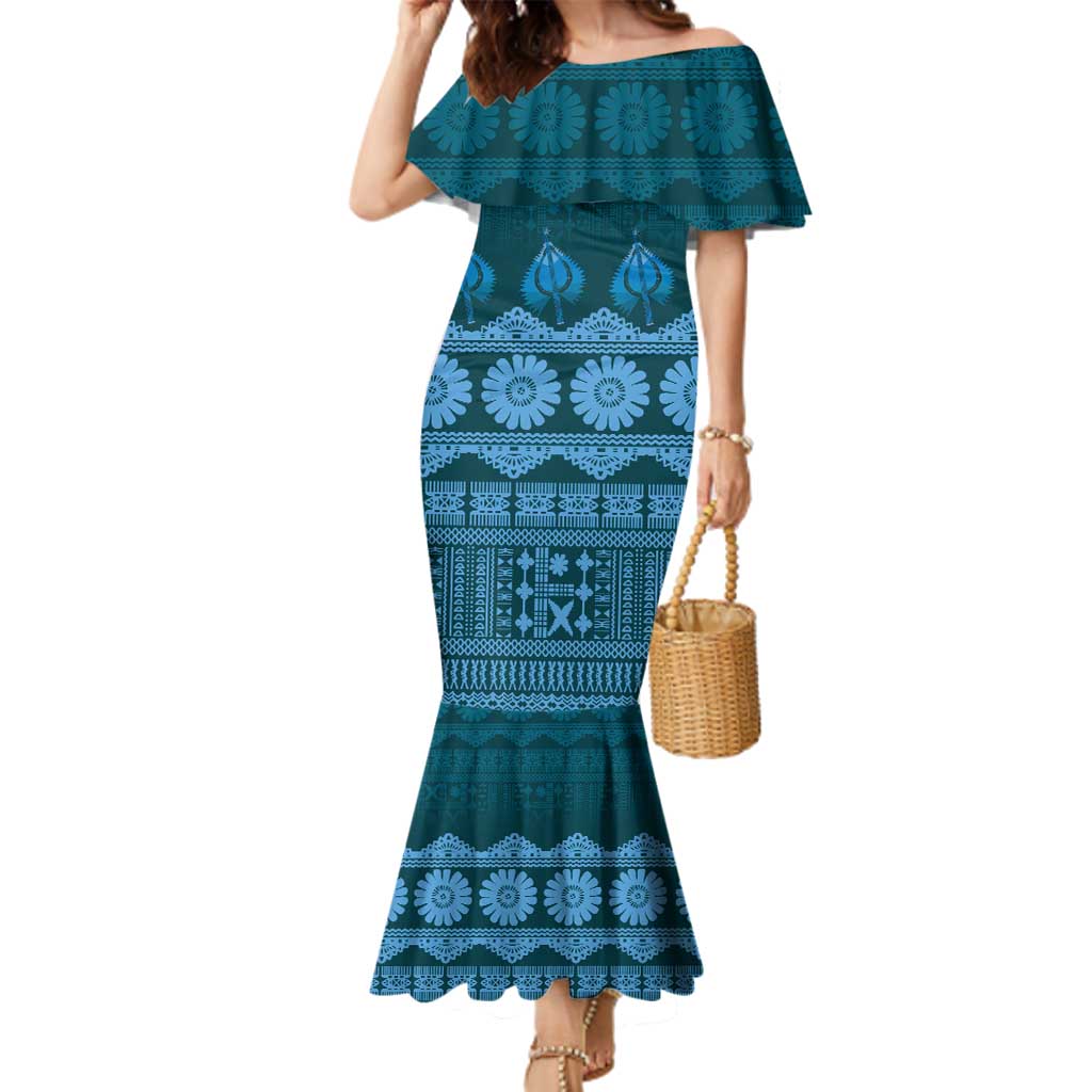 Bula Fiji Iri ni Meke Family Matching Mermaid Dress and Hawaiian Shirt Karakarawa Fijian Masi LT14 Mom's Dress Blue - Polynesian Pride