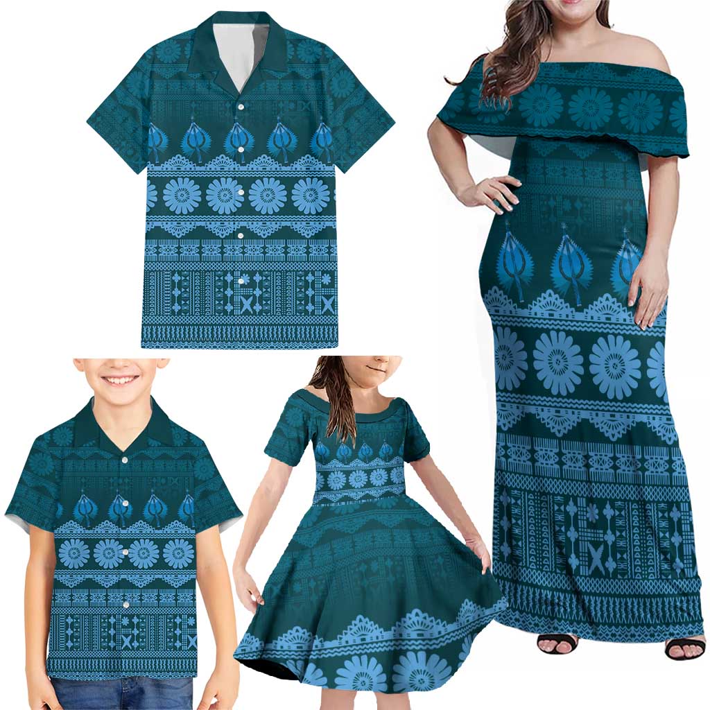 Bula Fiji Iri ni Meke Family Matching Off Shoulder Maxi Dress and Hawaiian Shirt Karakarawa Fijian Masi LT14 - Polynesian Pride