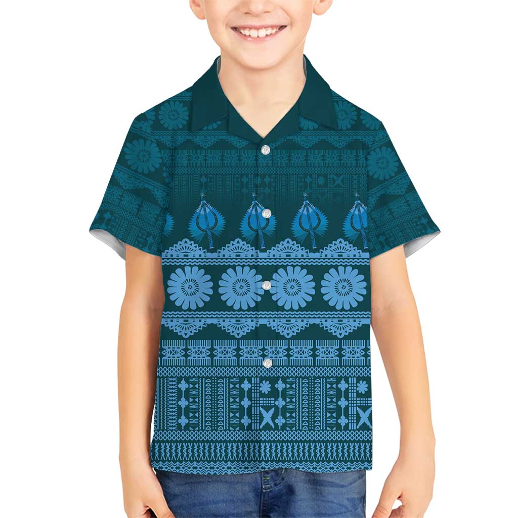 Bula Fiji Iri ni Meke Family Matching Off Shoulder Maxi Dress and Hawaiian Shirt Karakarawa Fijian Masi LT14 Son's Shirt Blue - Polynesian Pride