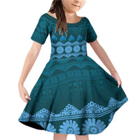 Bula Fiji Iri ni Meke Family Matching Off Shoulder Short Dress and Hawaiian Shirt Karakarawa Fijian Masi LT14 Daughter's Dress Blue - Polynesian Pride