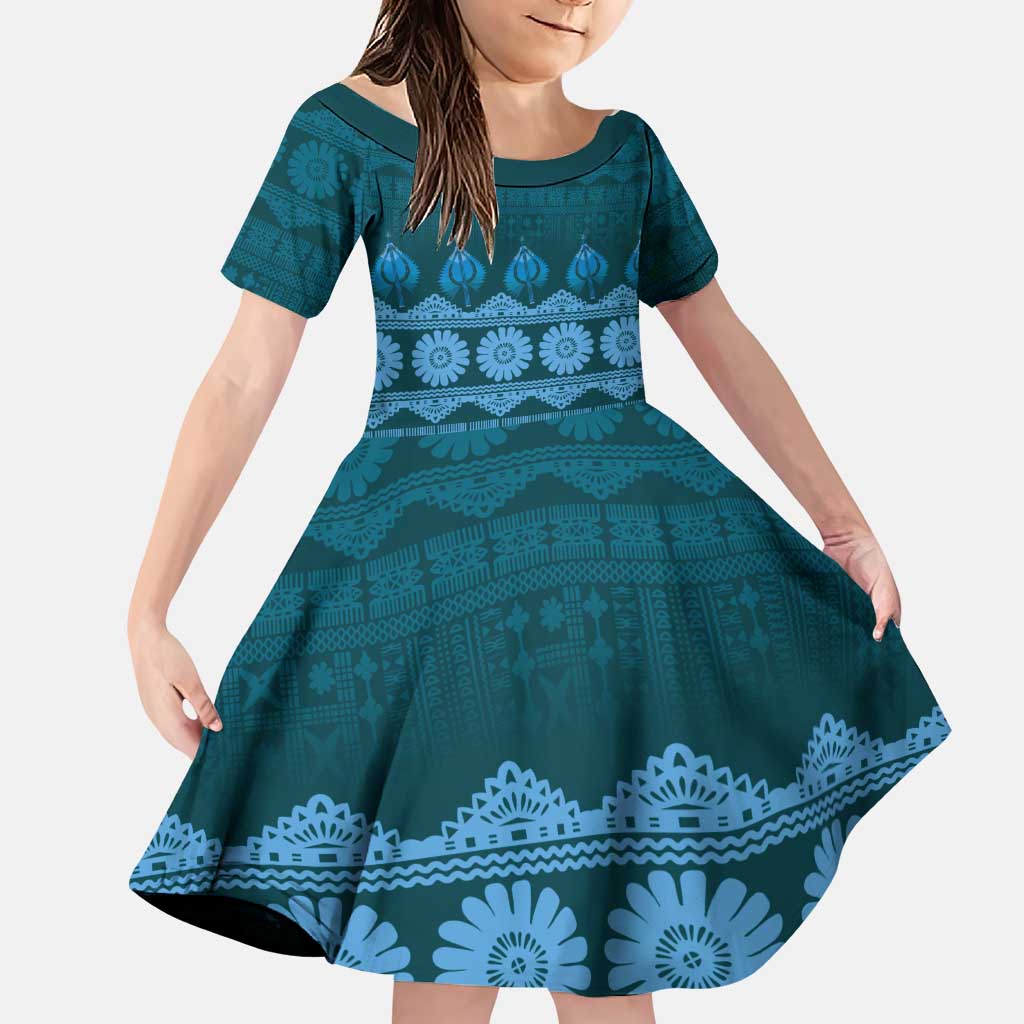 Bula Fiji Iri ni Meke Family Matching Puletasi and Hawaiian Shirt Karakarawa Fijian Masi LT14 Daughter's Dress Blue - Polynesian Pride