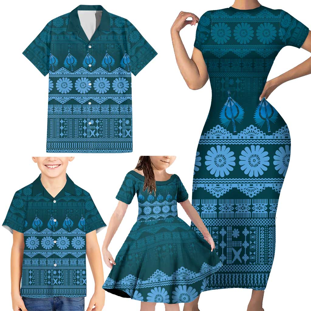 Bula Fiji Iri ni Meke Family Matching Short Sleeve Bodycon Dress and Hawaiian Shirt Karakarawa Fijian Masi LT14 - Polynesian Pride