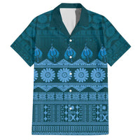 Bula Fiji Iri ni Meke Family Matching Short Sleeve Bodycon Dress and Hawaiian Shirt Karakarawa Fijian Masi LT14 Dad's Shirt - Short Sleeve Blue - Polynesian Pride
