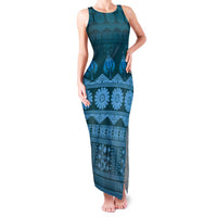 Bula Fiji Iri ni Meke Family Matching Tank Maxi Dress and Hawaiian Shirt Karakarawa Fijian Masi LT14 Mom's Dress Blue - Polynesian Pride