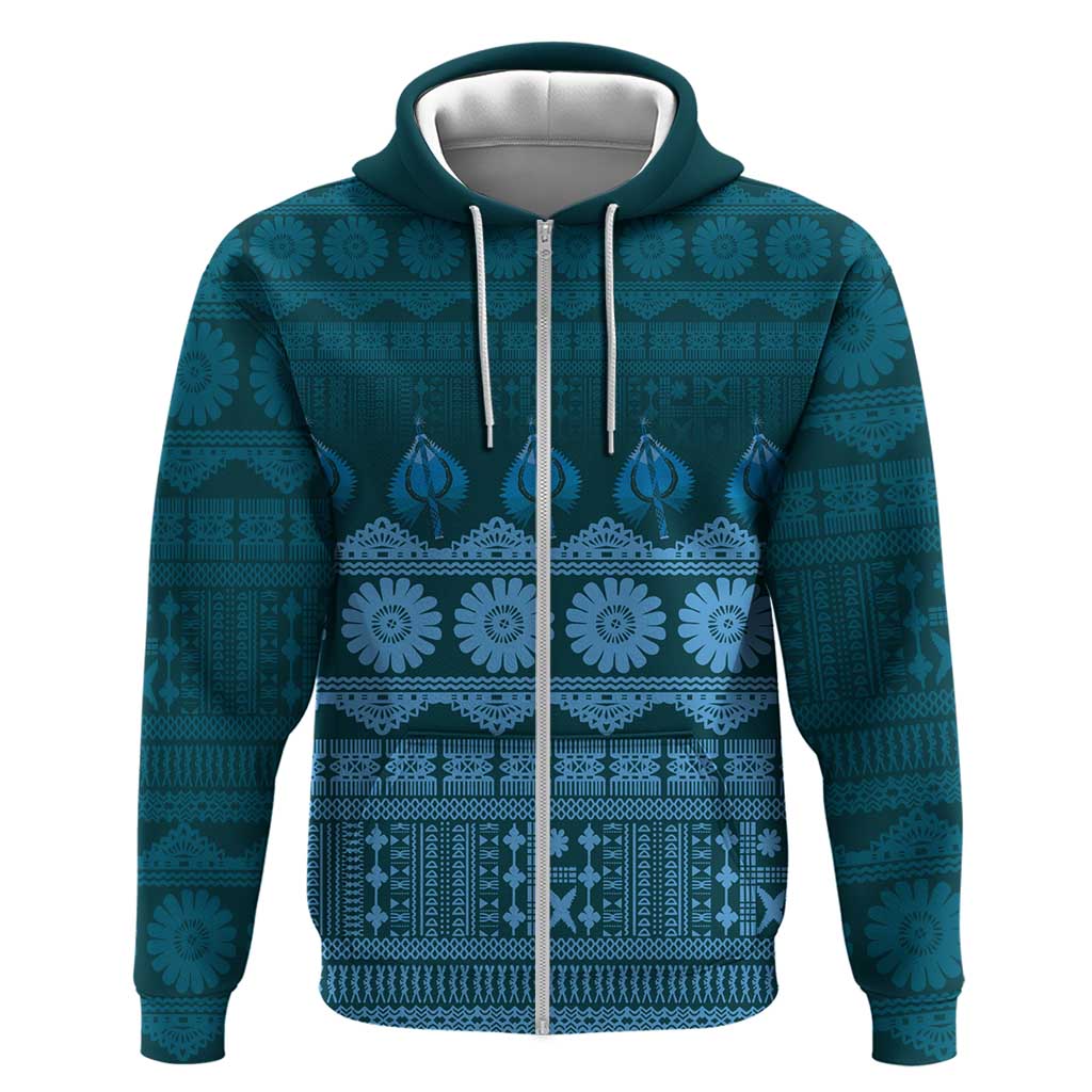 Bula Fiji Iri ni Meke Hoodie Karakarawa Fijian Masi LT14 Zip Hoodie Blue - Polynesian Pride