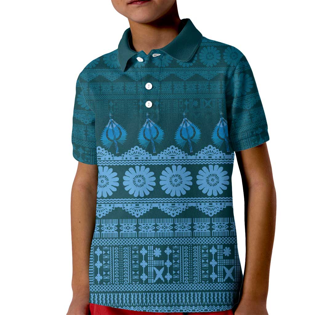 Bula Fiji Iri ni Meke Kid Polo Shirt Karakarawa Fijian Masi LT14 Kid Blue - Polynesian Pride