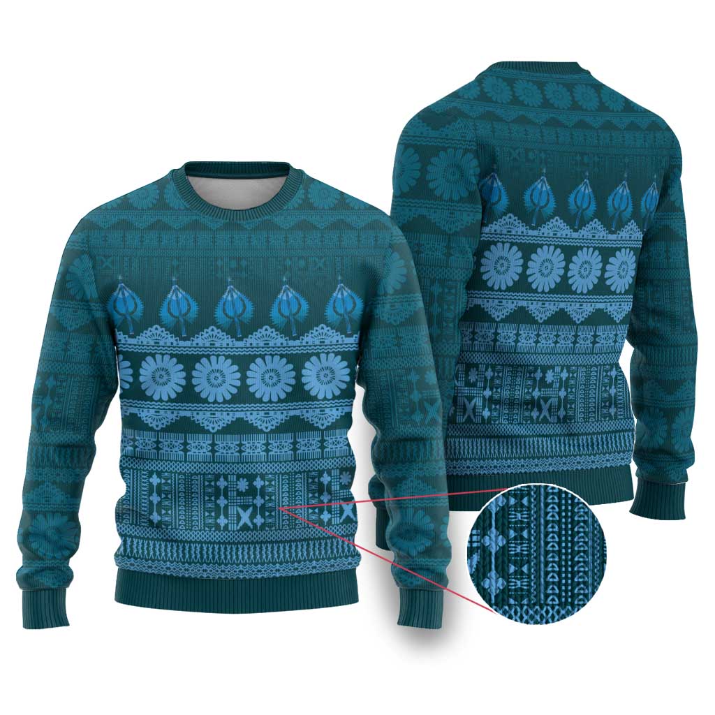 Bula Fiji Iri ni Meke Ugly Christmas Sweater Karakarawa Fijian Masi LT14 Blue - Polynesian Pride