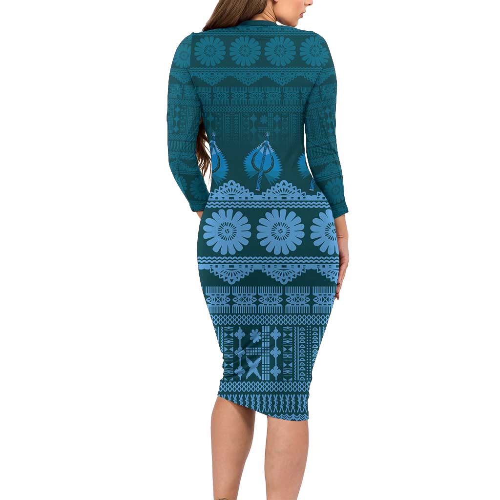 Bula Fiji Iri ni Meke Long Sleeve Bodycon Dress Karakarawa Fijian Masi LT14 - Polynesian Pride
