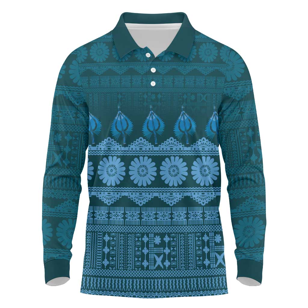 Bula Fiji Iri ni Meke Long Sleeve Polo Shirt Karakarawa Fijian Masi LT14 Blue - Polynesian Pride