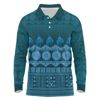 Bula Fiji Iri ni Meke Long Sleeve Polo Shirt Karakarawa Fijian Masi LT14 Blue - Polynesian Pride