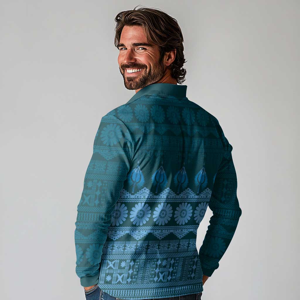 Bula Fiji Iri ni Meke Long Sleeve Polo Shirt Karakarawa Fijian Masi LT14 - Polynesian Pride