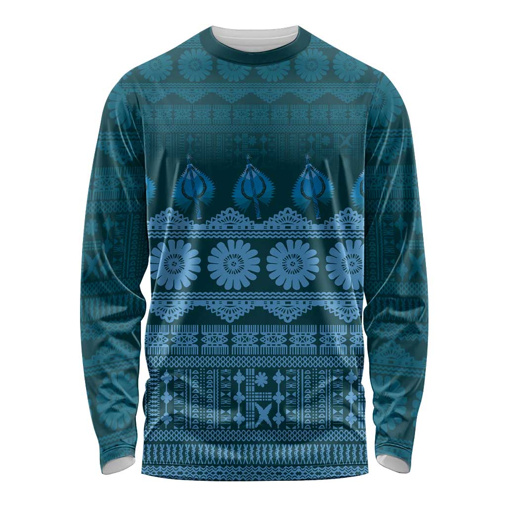 Bula Fiji Iri ni Meke Long Sleeve Shirt Karakarawa Fijian Masi LT14 Unisex Blue - Polynesian Pride