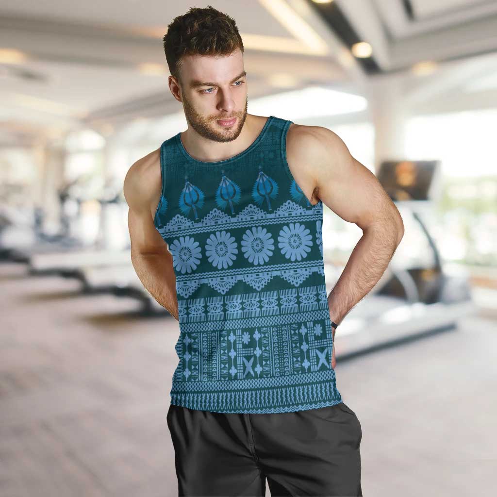 Bula Fiji Iri ni Meke Men Tank Top Karakarawa Fijian Masi LT14 Blue - Polynesian Pride