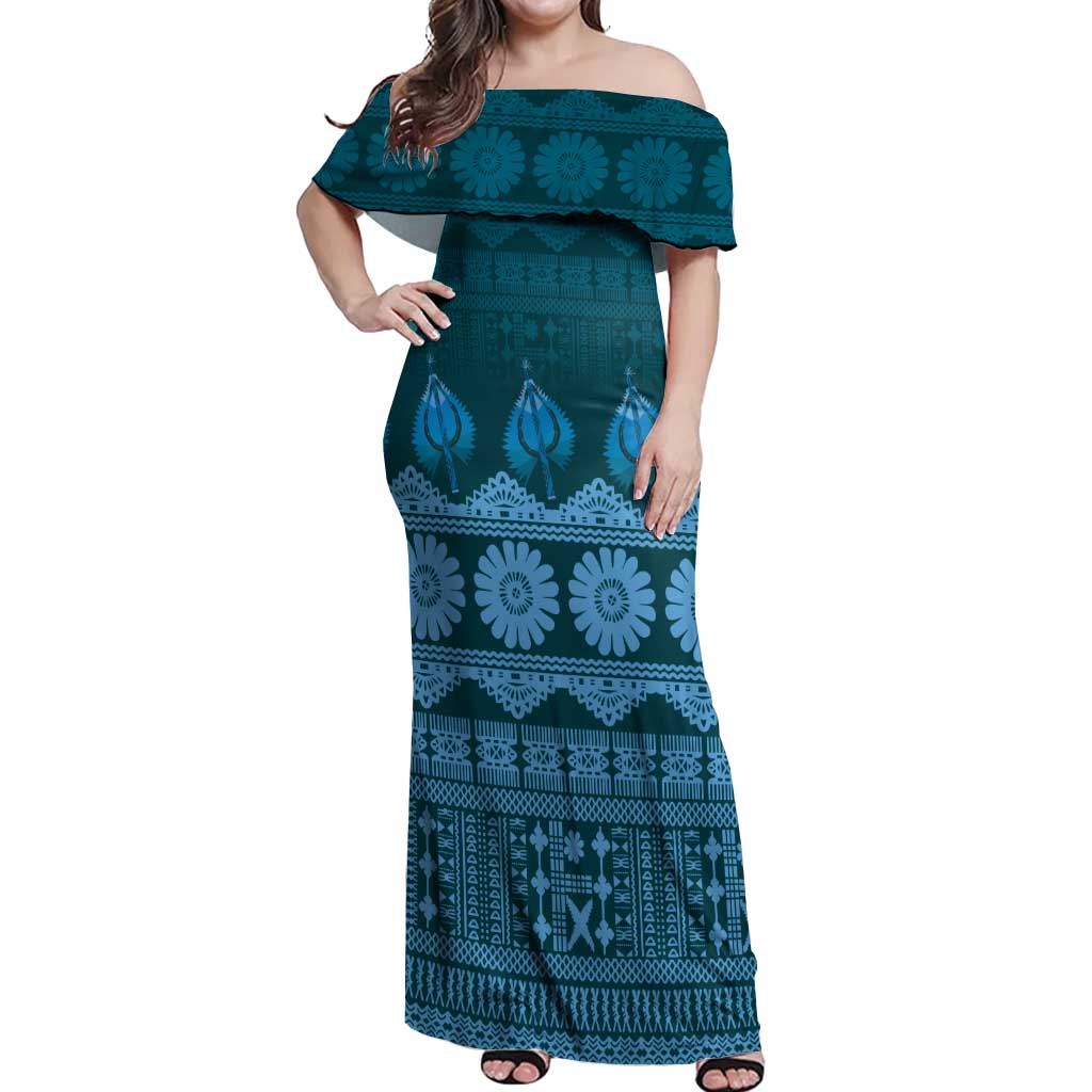 Bula Fiji Iri ni Meke Off Shoulder Maxi Dress Karakarawa Fijian Masi LT14 Women Blue - Polynesian Pride
