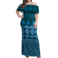 Bula Fiji Iri ni Meke Off Shoulder Maxi Dress Karakarawa Fijian Masi LT14 Women Blue - Polynesian Pride