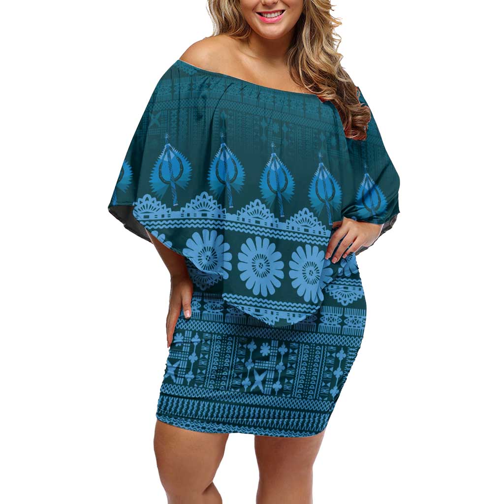 Bula Fiji Iri ni Meke Off Shoulder Short Dress Karakarawa Fijian Masi LT14 Women Blue - Polynesian Pride
