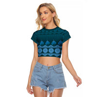 Bula Fiji Iri ni Meke Raglan Cropped T Shirt Karakarawa Fijian Masi LT14 Female Blue - Polynesian Pride