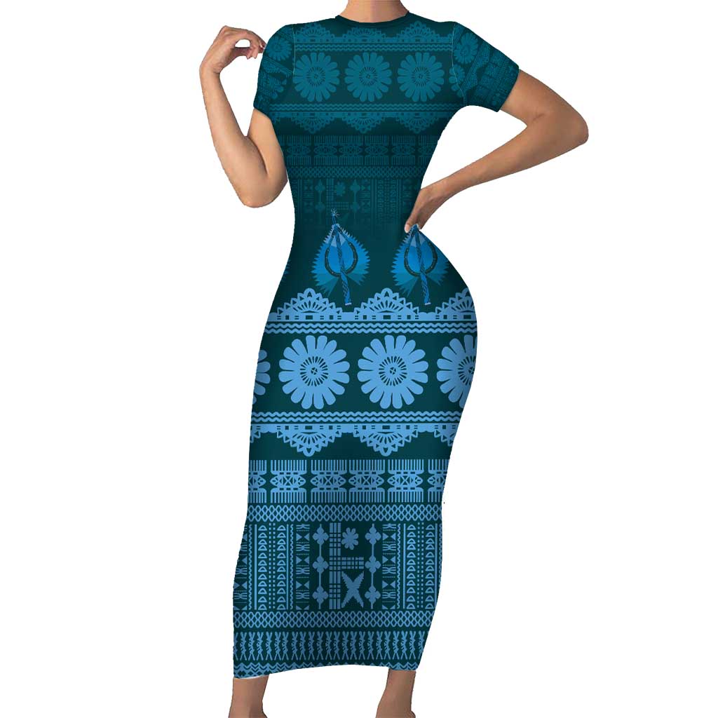 Bula Fiji Iri ni Meke Short Sleeve Bodycon Dress Karakarawa Fijian Masi LT14 Long Dress Blue - Polynesian Pride
