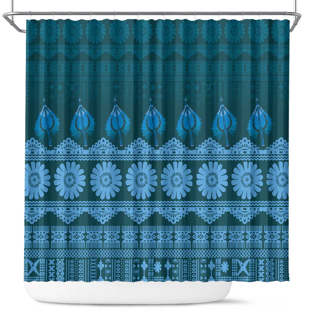 Bula Fiji Iri ni Meke Shower Curtain Karakarawa Fijian Masi LT14 Blue - Polynesian Pride