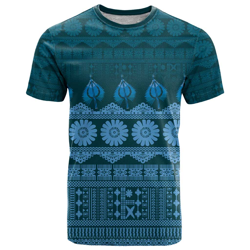 Bula Fiji Iri ni Meke T Shirt Karakarawa Fijian Masi LT14 Blue - Polynesian Pride
