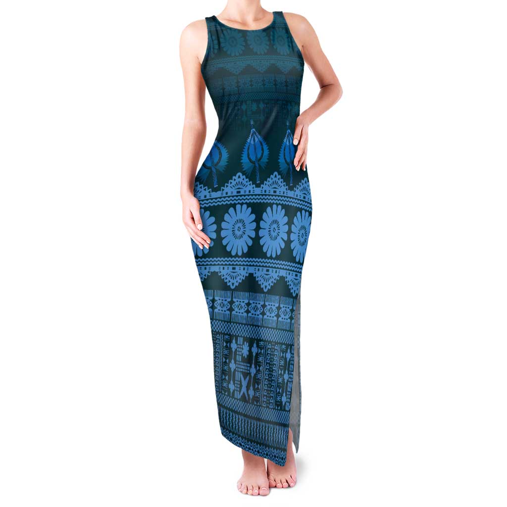 Bula Fiji Iri ni Meke Tank Maxi Dress Karakarawa Fijian Masi LT14 Women Blue - Polynesian Pride