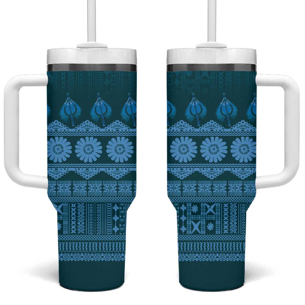 Bula Fiji Iri ni Meke Tumbler With Handle Karakarawa Fijian Masi LT14 One Size: 40 oz Blue - Polynesian Pride
