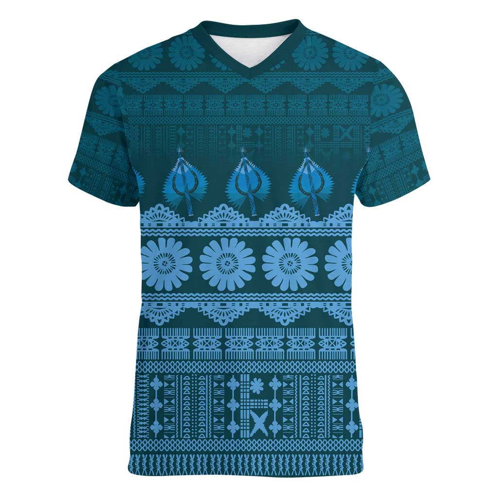 Bula Fiji Iri ni Meke Women V-Neck T-Shirt Karakarawa Fijian Masi LT14 Female Blue - Polynesian Pride