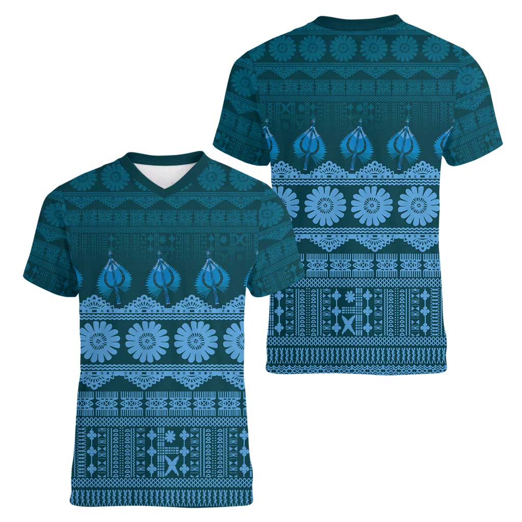 Bula Fiji Iri ni Meke Women V-Neck T-Shirt Karakarawa Fijian Masi LT14 - Polynesian Pride