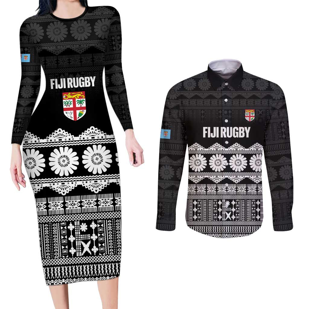 Fiji Tapa Rugby Custom Couples Matching Long Sleeve Bodycon Dress and Long Sleeve Button Shirt Go Fijiana LT14 Black - Polynesian Pride