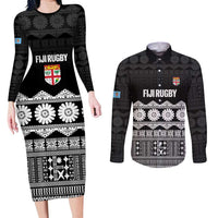 Fiji Tapa Rugby Custom Couples Matching Long Sleeve Bodycon Dress and Long Sleeve Button Shirt Go Fijiana LT14 Black - Polynesian Pride