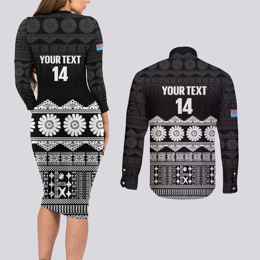 Fiji Tapa Rugby Custom Couples Matching Long Sleeve Bodycon Dress and Long Sleeve Button Shirt Go Fijiana LT14 - Polynesian Pride