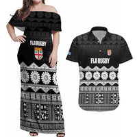 Fiji Tapa Rugby Custom Couples Matching Off Shoulder Maxi Dress and Hawaiian Shirt Go Fijiana LT14 Black - Polynesian Pride