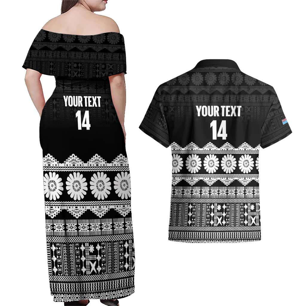 Fiji Tapa Rugby Custom Couples Matching Off Shoulder Maxi Dress and Hawaiian Shirt Go Fijiana LT14 - Polynesian Pride