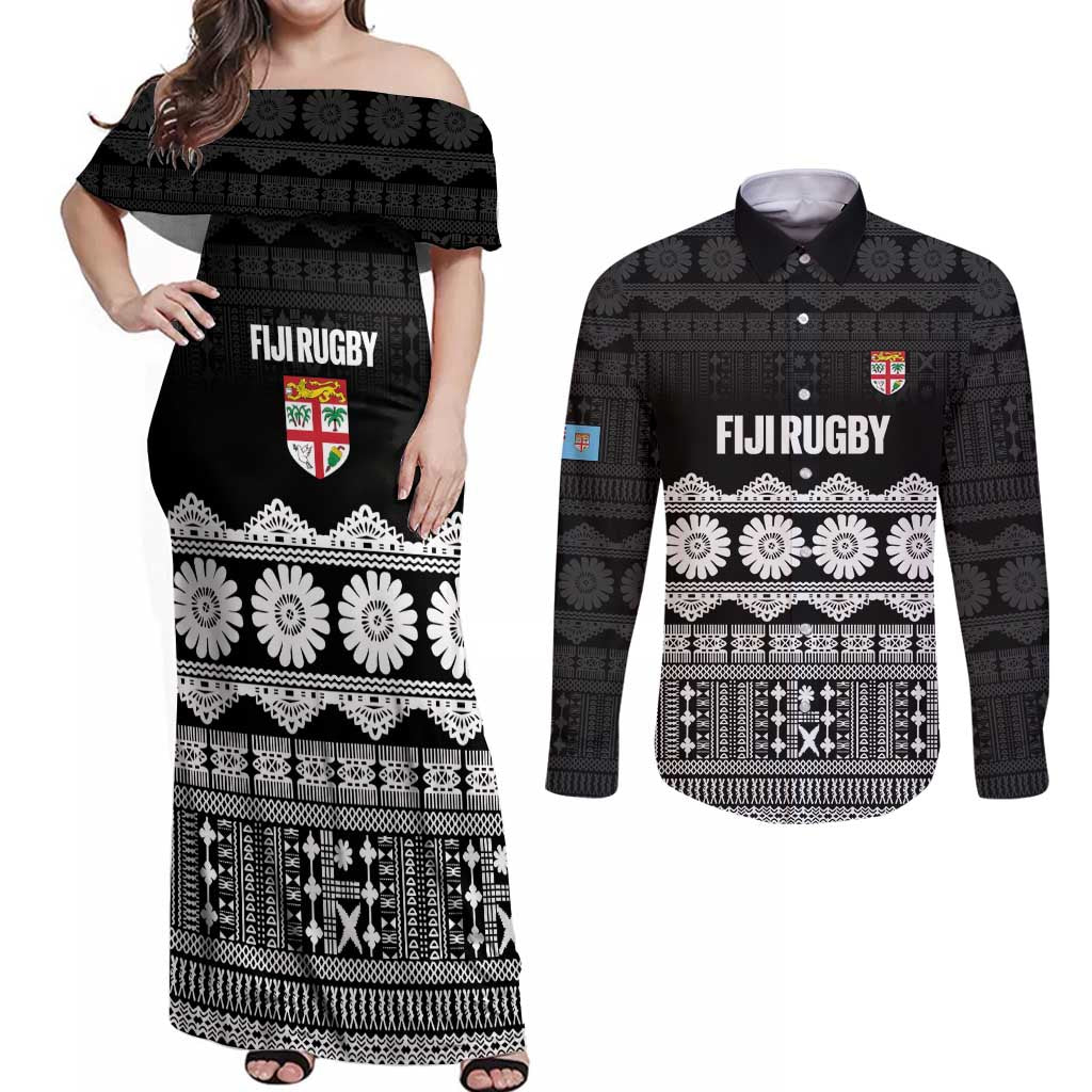 Fiji Tapa Rugby Custom Couples Matching Off Shoulder Maxi Dress and Long Sleeve Button Shirt Go Fijiana LT14 Black - Polynesian Pride