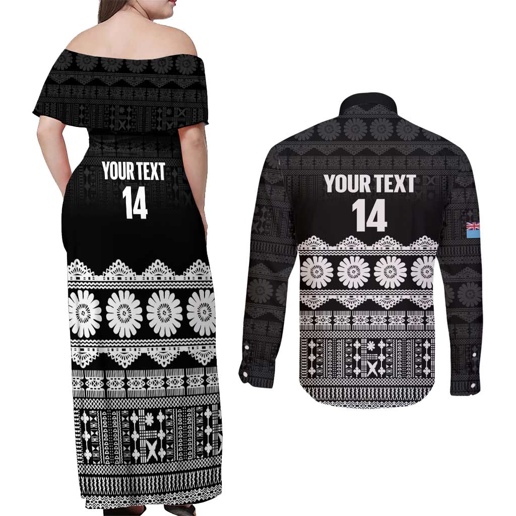 Fiji Tapa Rugby Custom Couples Matching Off Shoulder Maxi Dress and Long Sleeve Button Shirt Go Fijiana LT14 - Polynesian Pride