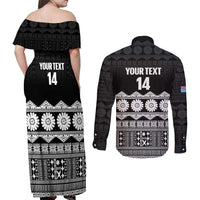 Fiji Tapa Rugby Custom Couples Matching Off Shoulder Maxi Dress and Long Sleeve Button Shirt Go Fijiana LT14 - Polynesian Pride