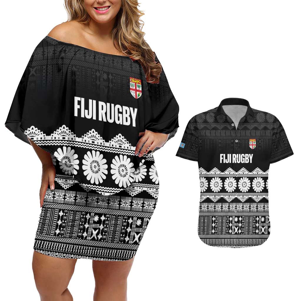 Fiji Tapa Rugby Custom Couples Matching Off Shoulder Short Dress and Hawaiian Shirt Go Fijiana LT14 Black - Polynesian Pride