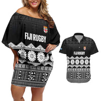 Fiji Tapa Rugby Custom Couples Matching Off Shoulder Short Dress and Hawaiian Shirt Go Fijiana LT14 Black - Polynesian Pride
