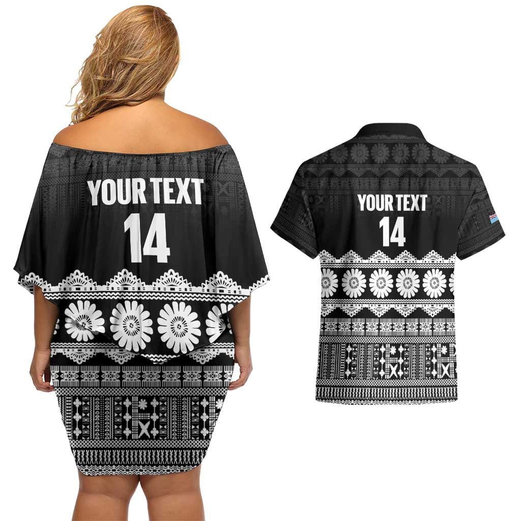 Fiji Tapa Rugby Custom Couples Matching Off Shoulder Short Dress and Hawaiian Shirt Go Fijiana LT14 - Polynesian Pride