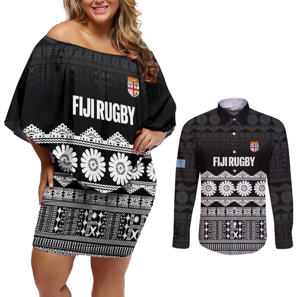 Fiji Tapa Rugby Custom Couples Matching Off Shoulder Short Dress and Long Sleeve Button Shirt Go Fijiana LT14 Black - Polynesian Pride