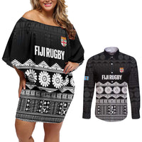 Fiji Tapa Rugby Custom Couples Matching Off Shoulder Short Dress and Long Sleeve Button Shirt Go Fijiana LT14 Black - Polynesian Pride