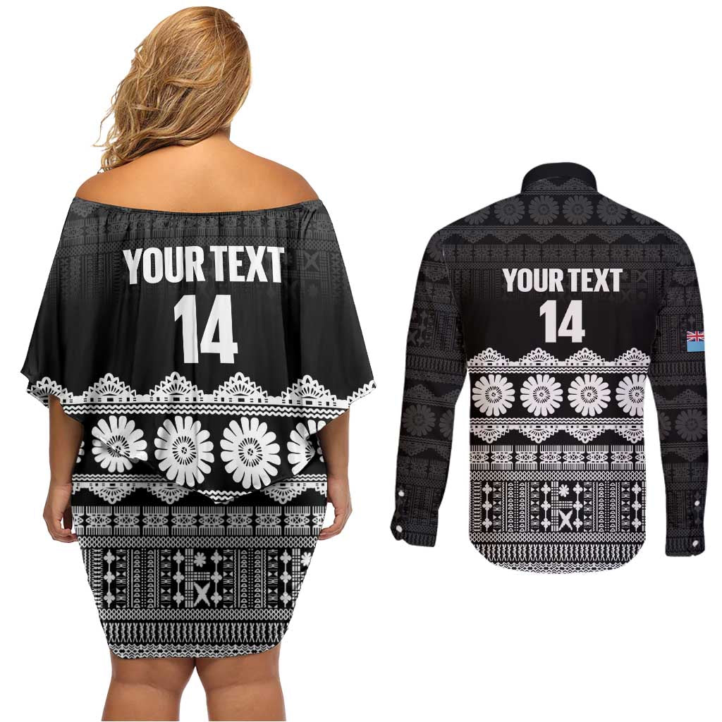Fiji Tapa Rugby Custom Couples Matching Off Shoulder Short Dress and Long Sleeve Button Shirt Go Fijiana LT14 - Polynesian Pride