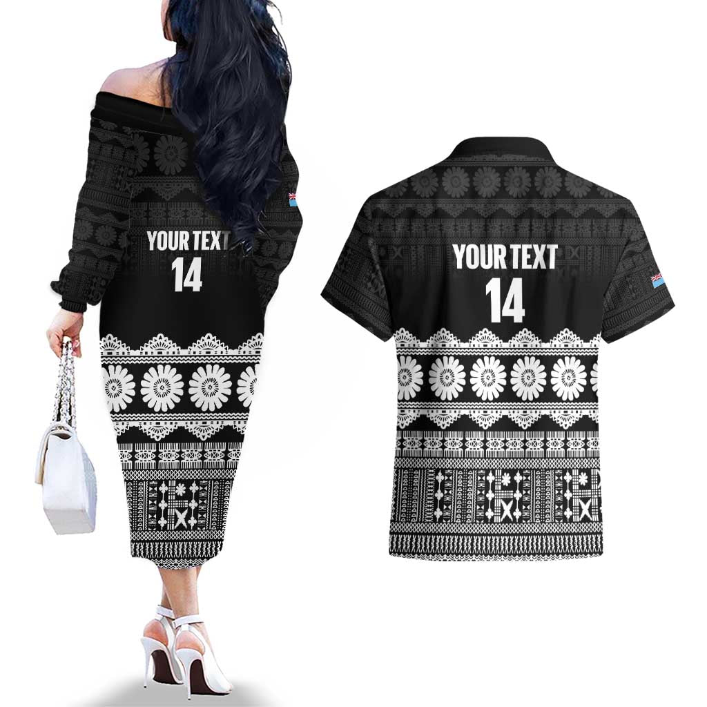Fiji Tapa Rugby Custom Couples Matching Off The Shoulder Long Sleeve Dress and Hawaiian Shirt Go Fijiana LT14 - Polynesian Pride