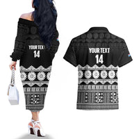 Fiji Tapa Rugby Custom Couples Matching Off The Shoulder Long Sleeve Dress and Hawaiian Shirt Go Fijiana LT14 - Polynesian Pride